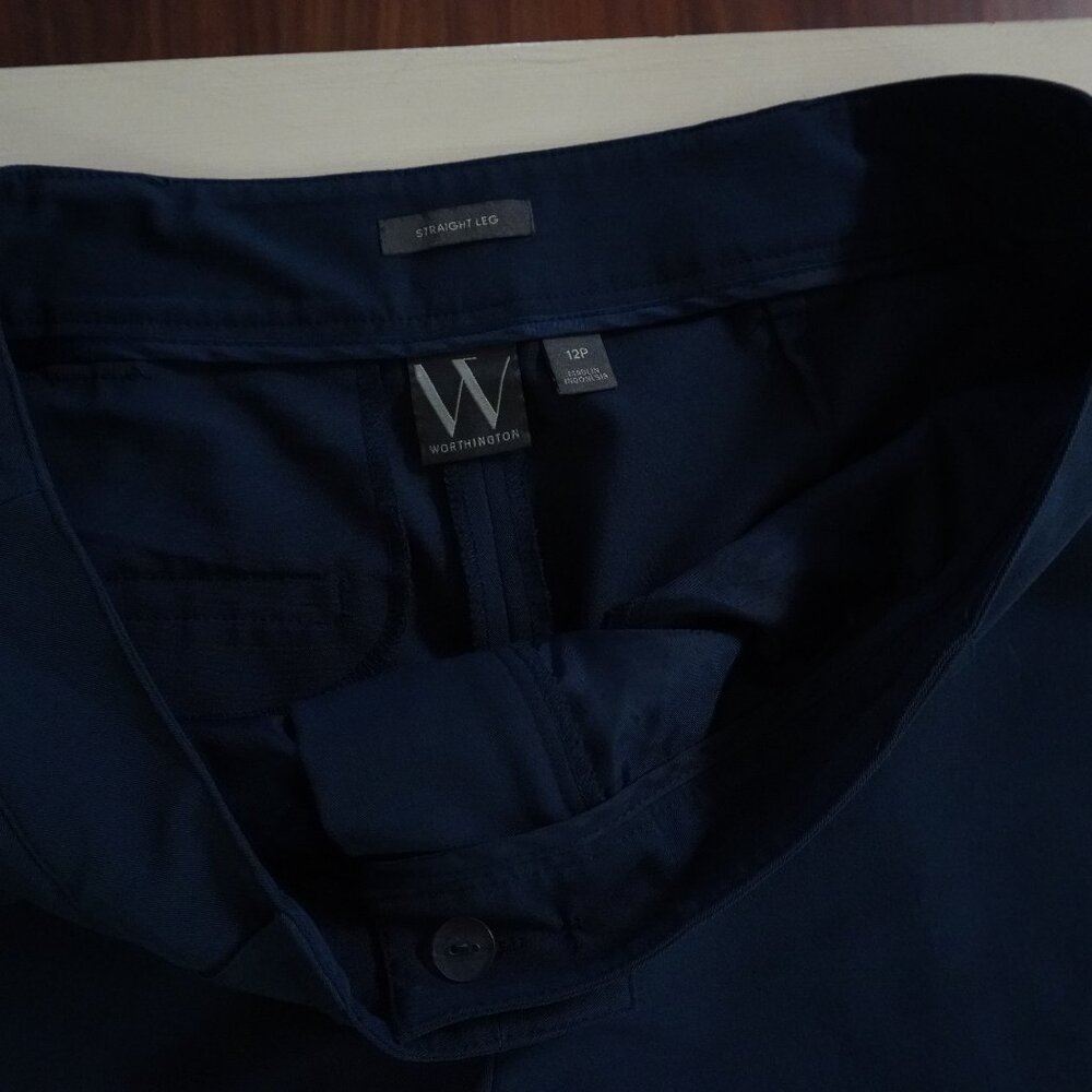 Worthington Navy Blue Trouser Pants 12P Petite Wide Straight Leg Workwear - Picture 9 of 11